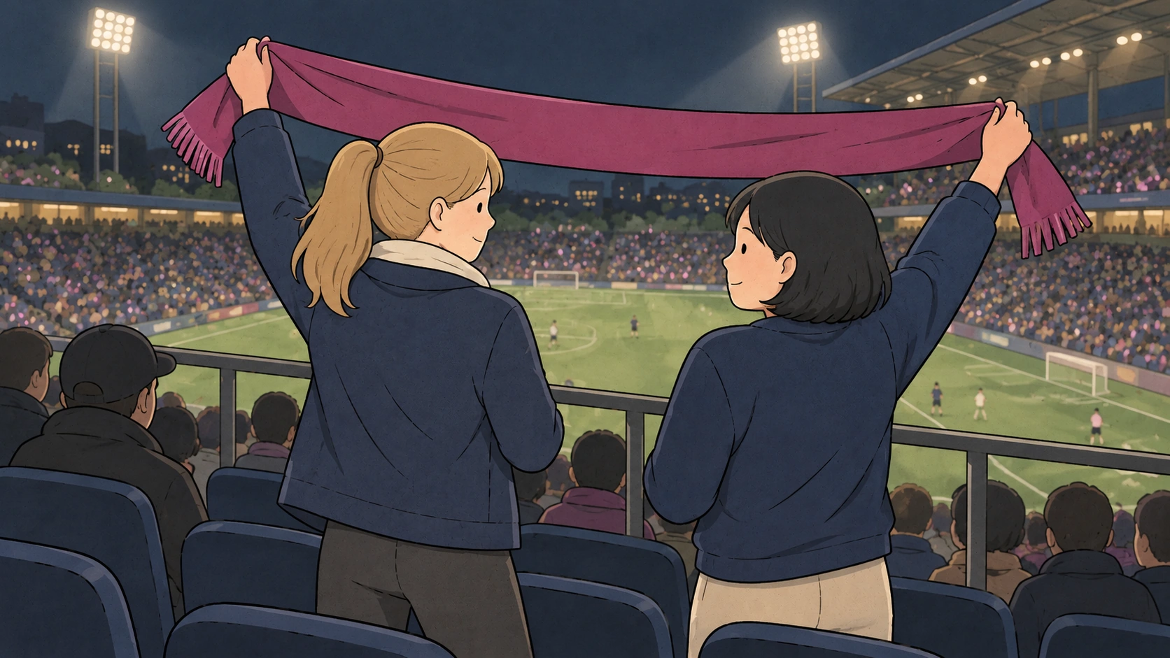 In this what is jeong scene, two women raise opposite ends of a purple scarf above football stadium seats.