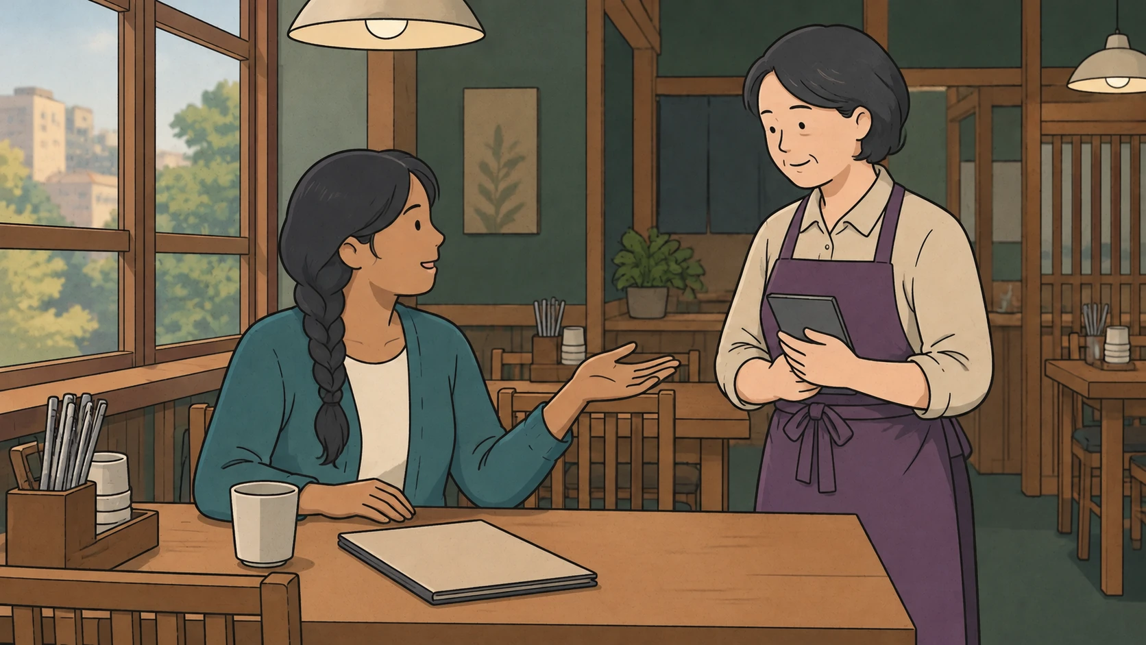 What's good here in Korean: a seated traveler raises an open palm toward a restaurant staff member.