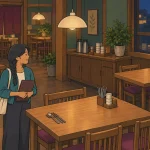 What's good here in Korean: a traveler holding a closed menu looks across a warmly lit restaurant dining room.