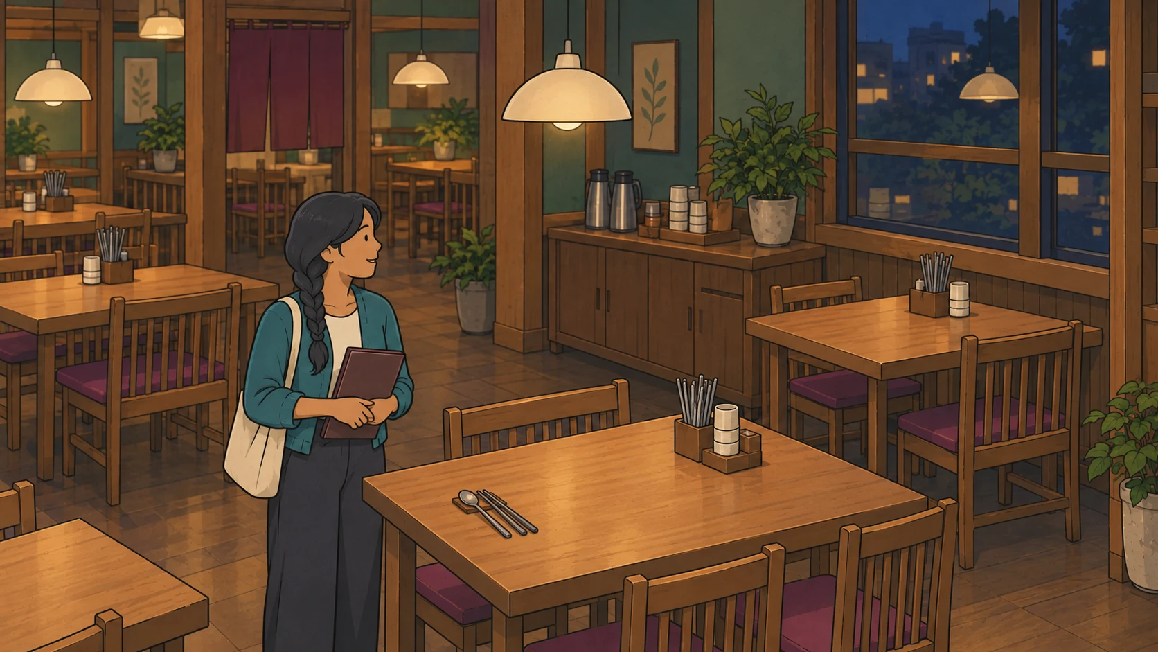 What's good here in Korean: a traveler holding a closed menu looks across a warmly lit restaurant dining room.