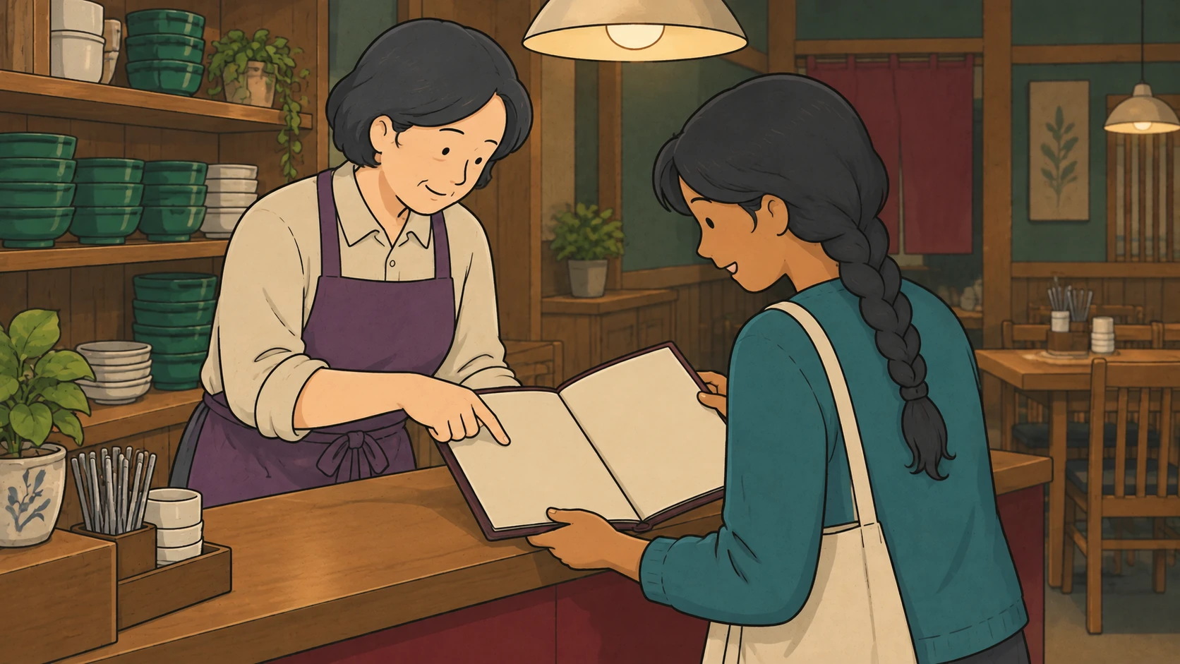 What's good here in Korean illustrated by a staff member pointing to an open menu held by a traveler.