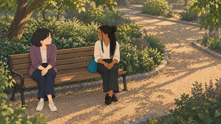 When do Koreans stay silent? Two women sit apart on a garden bench, turned toward each other.