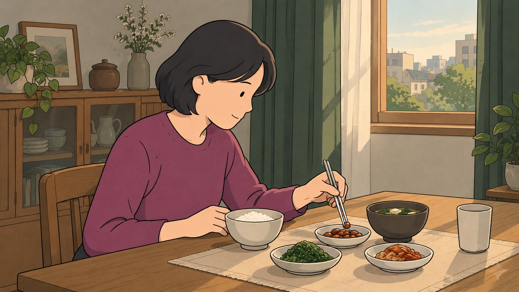 Why do Koreans use metal chopsticks illustration showing a woman gripping a bean above a side dish.