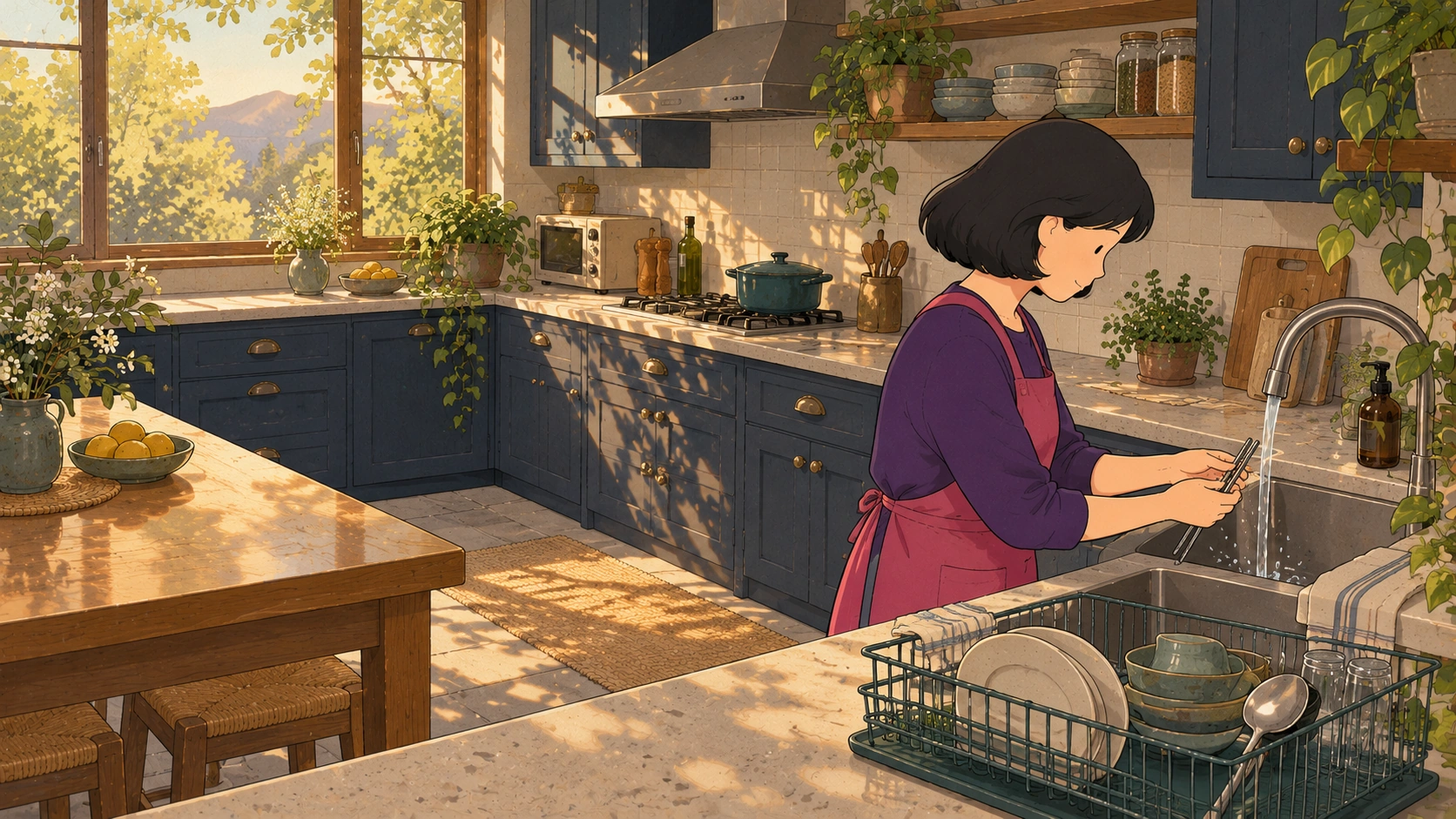 Why do Koreans use metal chopsticks cover showing a woman washing a metal pair at a sunlit kitchen sink.
