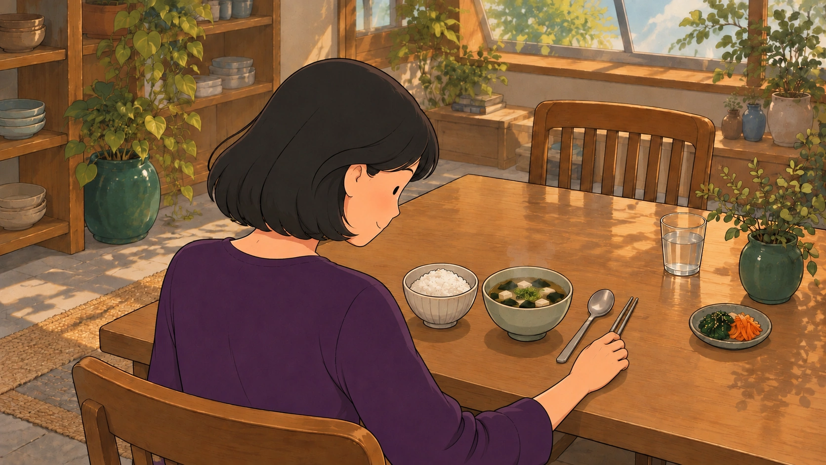 Why do Koreans use metal chopsticks scene with rice left of soup and a spoon beside a woman's metal chopsticks.