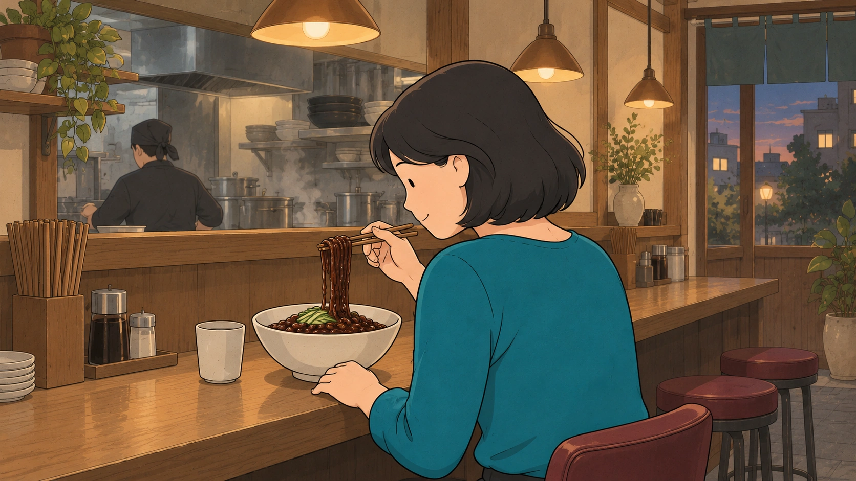 In a Why do Koreans use metal chopsticks illustration, a diner lifts dark noodles with wooden chopsticks.